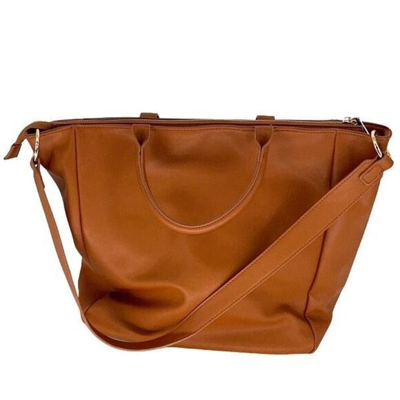 Designer Womens Vegan Leather Tote Saddle Shoulder Handbag Camel Tan Large - Picture 1 of 9